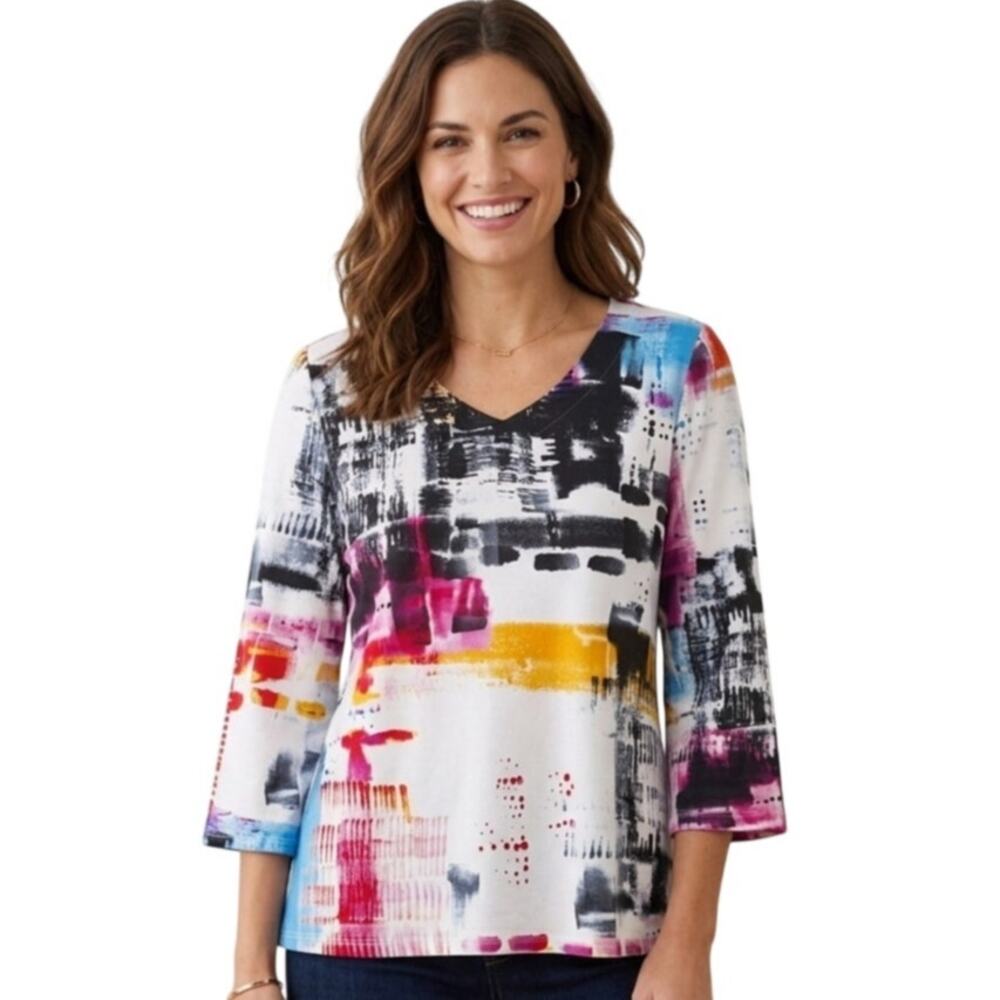 Habitat Artsy Knit Top Womens XS White Colorful V-Neck Lagenlook Art Tee